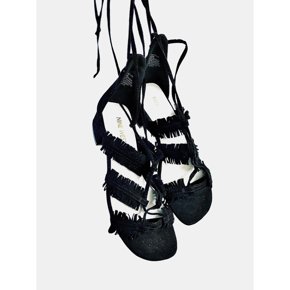 nine west black suede fringe lace up kitten heel open toe strappy sandals